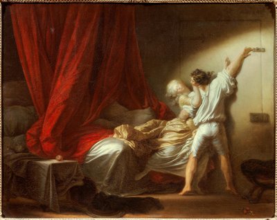 La scena romantica che raffigura un giovane che impedisce alla sua amante di lasciare la camera da letto. Dipinto di Jean-Honore Fragonard (1732-1806) XVIII secolo. Dim. 0,73x0,93 m da Jean Honore Fragonard