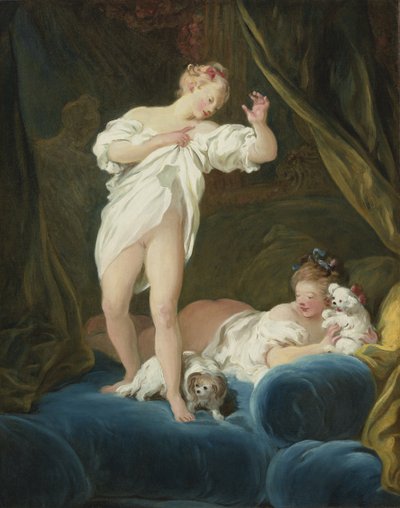 Due ragazze su un letto che giocano con i loro cani da Jean Honore Fragonard