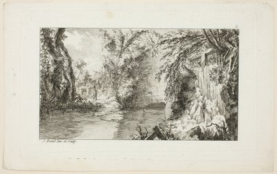 Paesaggio con camminatore e cascata, tavola 5 della seconda suite Livre de paysages (Libro dei paesaggi) da Jean Hoüel