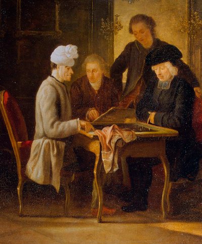 Voltaire a un tavolo da scacchi da Jean Huber