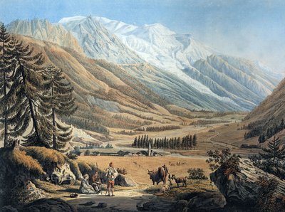 veduta della valle di Chamonix, dal villaggio di Argentiere di Jean Daniel Huber durante un viaggio del 1785 circa (incisione) da Jean Huber