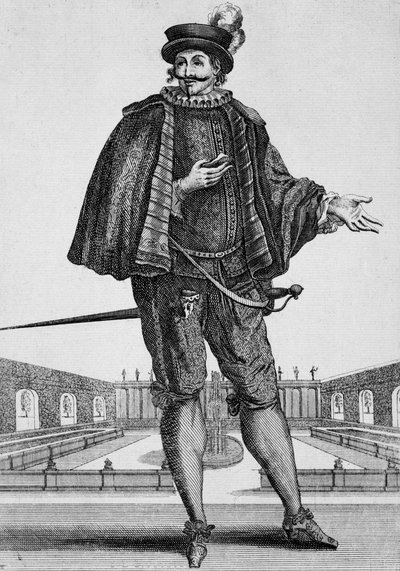 Capitan Spezzaferro, costume di scena, incisione di Jean Berain il Vecchio, Francia da Jean I  Berain