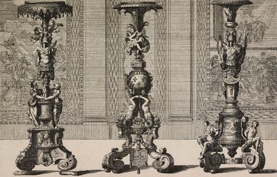 Grandi candelabri in bronzo, incisione di Jean Berain (1640-1711) da L