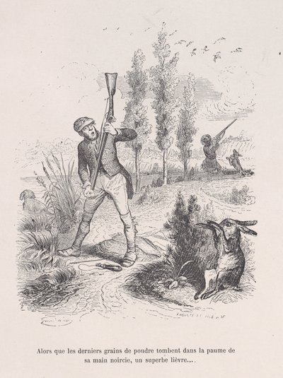 Mentre gli ultimi granelli di polvere cadono nel palmo della sua mano annerita, una lepre superba... da Jean Ignace Isidore Gérard