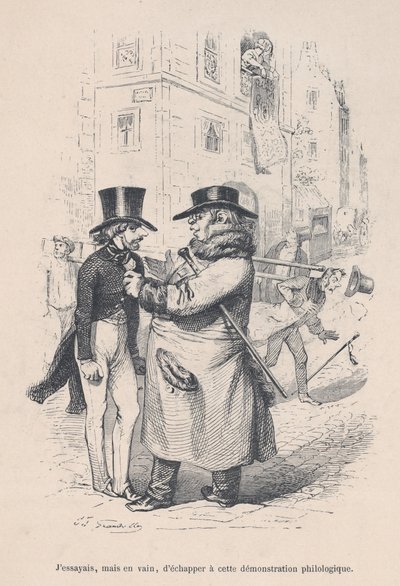 Ho cercato di sfuggire a questa discussione filologica. dalle Piccole Miserie della Vita Umana, 1843 da Jean Ignace Isidore Gérard