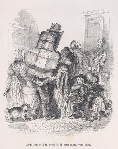 Saremo alla tua porta a mezzogiorno senza fallo. dalle Piccole Miserie della Vita Umana, 1843 da Jean Ignace Isidore Gérard