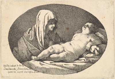 La Vergine a sinistra che guarda il Cristo bambino mentre dorme, una composizione ovale da Jean Jacques Lagrenee
