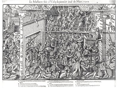 Il massacro della popolazione protestante da parte delle truppe del Duca di Guise a Wassy-sur-Blaise, 1 marzo 1562, inciso da Jacques Tortorel (1568-92) da Jean Jacques Perrissin