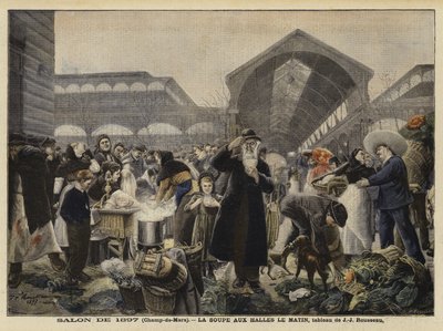 Bancarella di zuppa al mercato di Les Halles al mattino da Jean Jacques Rousseau