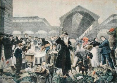 Bancarella di zuppa al mercato di Les Halles al mattino, illustrazione da Le Petit Journal, 2 marzo 1897, inciso da Fortune-Louis Meaulle da Jean Jacques after Rousseau
