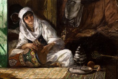Interno di un harem in Marocco, particolare: donna che suona la derbouka da Jean Joseph Benjamin Constant