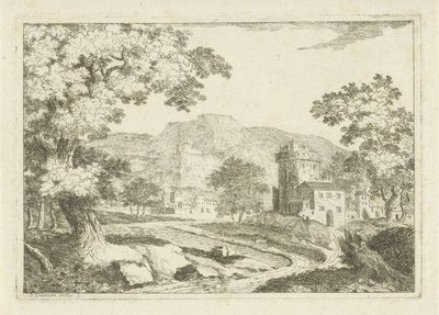 Paesaggio fluviale con case e torri da Jean Joseph Hanson