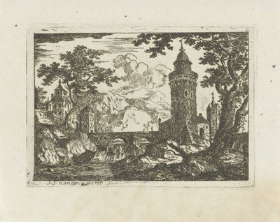 Torre e ponte di pietra in un paesaggio montano da Jean Joseph Hanson