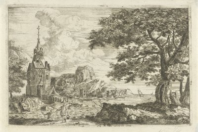 Pescatori presso una chiesa sulla costa da Jean Joseph Hanson