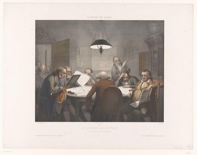 Sala di lettura con uomini che leggono a un tavolo rotondo da Jean Julien Jacott