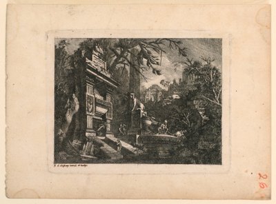 Fantasia architettonica con tomba e rovine, tavola da "Rovine Inventione de Giovan. Loren, Legeay Architet. Intagliate da lui stesso in Luce 1768" da Jean Laurent Legeay