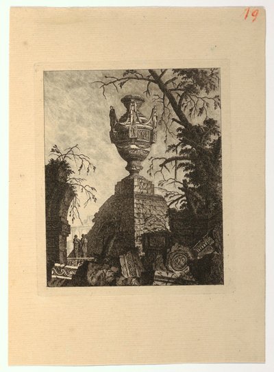 Piramide sormontata da un vaso monumentale, da "Collection de divers sujets de vases, tombeaux, ruines et fontaines, utile aux artistes..." da Jean Laurent Legeay