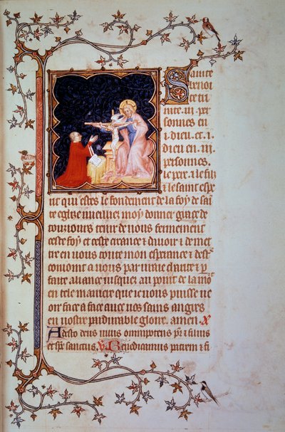 Duca Giovanni I di Berry (1340-1416) davanti alla Santissima Trinità. Miniatura tratta dal manoscritto (ms. lat. 18014) "Le Piccole Ore di Giovanni di Berry" illuminato da Giovanni il Nero, circa 1375. Parigi, B.N. da Jean Le and workshop (attr. to) Noir