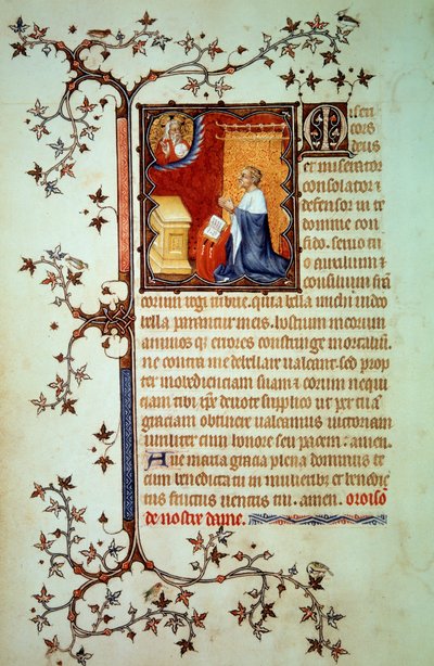 Duca Giovanni I di Berry (1340-1416) pregava davanti a Dio che lo benedice Miniatura dal manoscritto "Le Piccole Ore di Giovanni di Berry" circa 1375 da Jean Le and workshop (attr. to) Noir