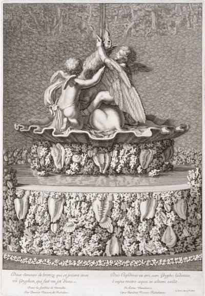 Fontana con due cupidi che giocano con un grifone, di Benoit Massou, a Versailles, 1676 da Jean Lepautre