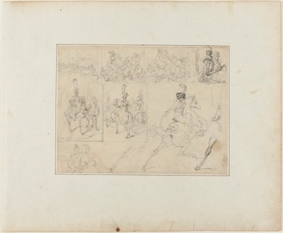 Foglio di schizzi: Battaglie di cavalleria e soldati a cavallo da Jean Louis André Théodore Géricault