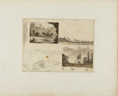 Foglio di schizzi: Quattro paesaggi e un levriero da Jean Louis André Théodore Géricault