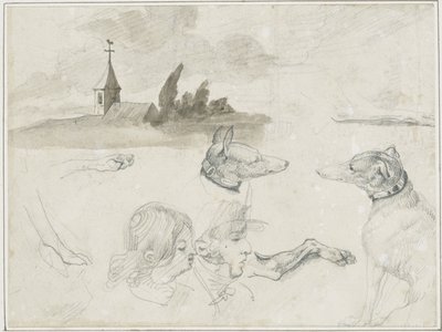 Foglio di schizzi: Levrieri; Una testa maschile e una femminile in da Jean Louis André Théodore Géricault