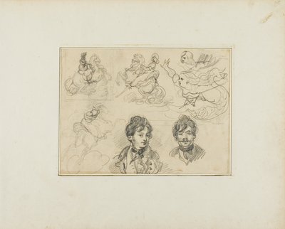 Foglio di schizzi: Cavalieri, Sirene e due ritratti di giovani uomini da Jean Louis André Théodore Géricault