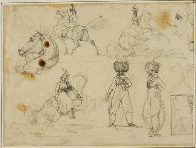 Foglio di schizzi: Soldati, cavalli e un paesaggio da Jean Louis André Théodore Géricault