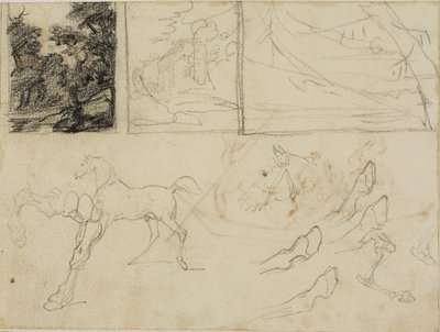 Foglio di schizzi: tre paesaggi, cavalli e zoccoli da Jean Louis André Théodore Géricault