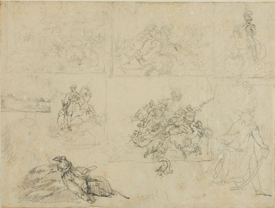 Schizzi di una battaglia di cavalleria, soldati e un paesaggio da Jean Louis André Théodore Géricault