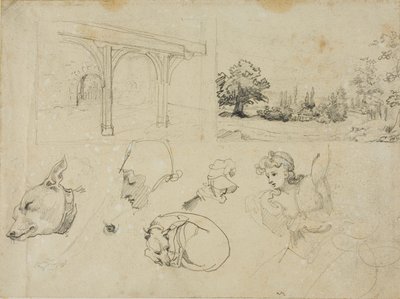 Schizzi di un capanno, un paesaggio, cani e figure varie da Jean Louis André Théodore Géricault