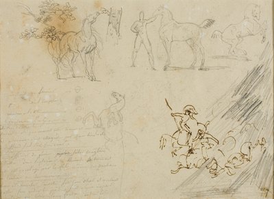 Schizzi di cavalli, stalliere che tiene in mano un cavallo, una battaglia di cavalleria da Jean Louis André Théodore Géricault
