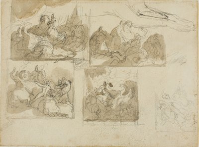 Schizzi di una battaglia di cavalleria e di zampe anteriori di un cane da Jean Louis André Théodore Géricault