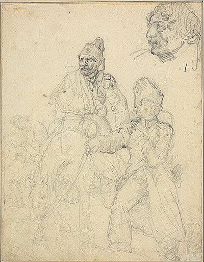 Studio di gruppo di figure, con dettaglio della testa del granatiere da Jean Louis André Théodore Géricault