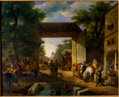 Una fiera alla porta di una locanda. Dipinto di Jean Louis Demarne (1744-1829) XIX secolo da Jean Louis Demarne