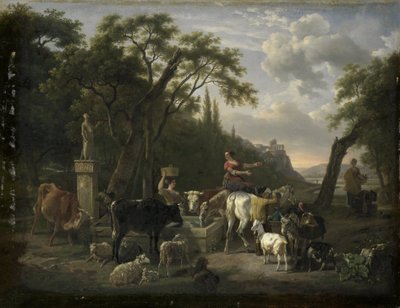 Paesaggio italiano con pastori e animali a una fontana da Jean Louis Demarne