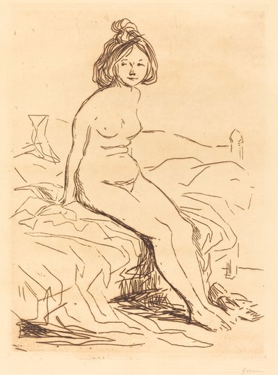 Donna nuda, seduta sul letto, vista frontale da Jean Louis Forain