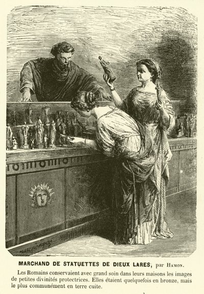 Venditore di statuette dei Lari, antiche divinità tutelari romane (incisione) da Jean Louis Hamon