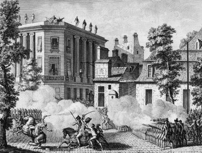 Rivoluzione francese: Azione tra la Guardia Reale Tedesca e le Guardie Francesi davanti al deposito delle Guardie Francesi il 12 luglio da Jean Louis II (after) Prieur