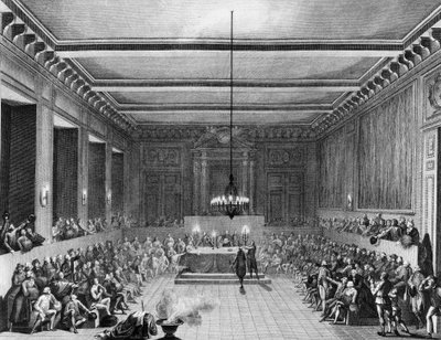 Rivoluzione francese: Il comune di Parigi conferisce la cittadinanza inglese a Christopher John Williams Nesham (1771-1853) il 15 gennaio 1790. Incisione di Berthaut dopo Prieur. Parigi, Biblioteca dell