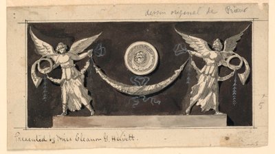 Pannello decorativo: Fama che sostiene una ghirlanda sotto un medaglione da Jean Louis Prieur the Younger