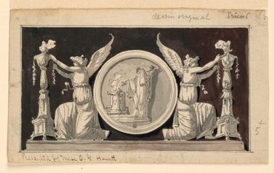 Pannello decorativo: Medaglione con scena di sacrificio tra due vittorie che adornano candelabri da Jean Louis Prieur the Younger