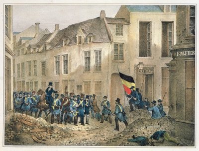 La Rue de Louvain, Bruxelles, 23 settembre 1830, inciso da A.M. Jobard da Jean Louis Van Hemelryck