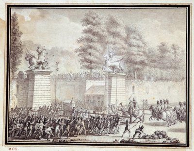 Rivoluzione francese: Monsieur de Lambesc entra nelle Tuileries con un distaccamento del Reggimento Reale Tedesco il 12 luglio 1789 da Jean Louis the Younger Prieur