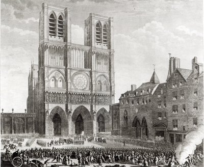 Thomas de Mahy (1744-90) Marchese di Favras che fa ammenda onorevole davanti a Notre-Dame, inciso da Pierre Gabriel Berthault (1737-1831) 1790 da Jean Louis the Younger Prieur