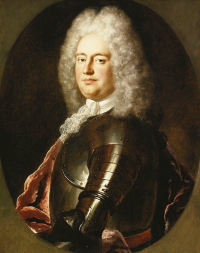 Ritratto di un gentiluomo, mezzo busto, in armatura, con jabot bianco e mantello cremisi, in un ovale dipinto da Jean Marc Nattier