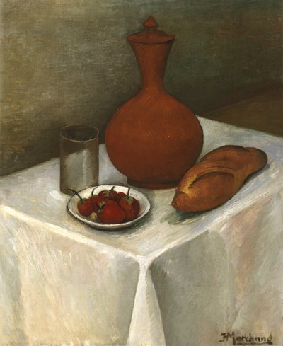 Natura morta con brocca di terracotta, pagnotta e fragole da Jean Marchand