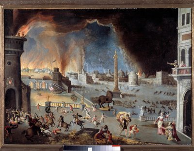 La cattura di Troia. Scena della guerra di Troia, la città è devastata dai Greci penetrati grazie al cavallo da Jean Maublanc