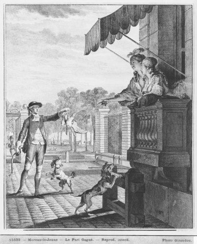 Accettare una scommessa, inciso da Camligue (fl.1785) c.1777 da Jean Michel the Younger Moreau
